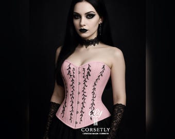 Top corsetto rosa sopra il seno con vita ricamata nera, ideale per allenamento, costume di Halloween in stile gotico.