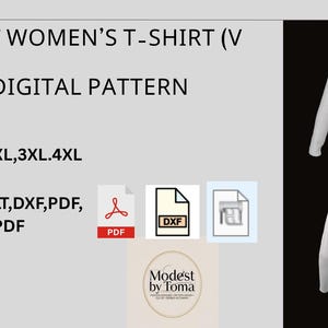 May include: White long-sleeved V-neck t-shirt sewing pattern. The image shows the front and back views of the shirt. The pattern includes sizes S, M, L, XL, 2XL, 3XL, and 4XL. The pattern formats are PLT, DXF, PDF, and A4 PDF.