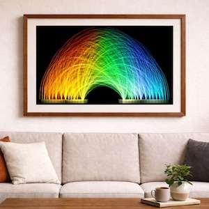 Puede incluir: Una impresión artística enmarcada con un diseño de arcoíris abstracto y vibrante. La obra de arte muestra un espectro de colores, desde el amarillo y el naranja hasta el verde y el azul, creando una forma de arco sobre un fondo negro. El marco es marrón cálido.