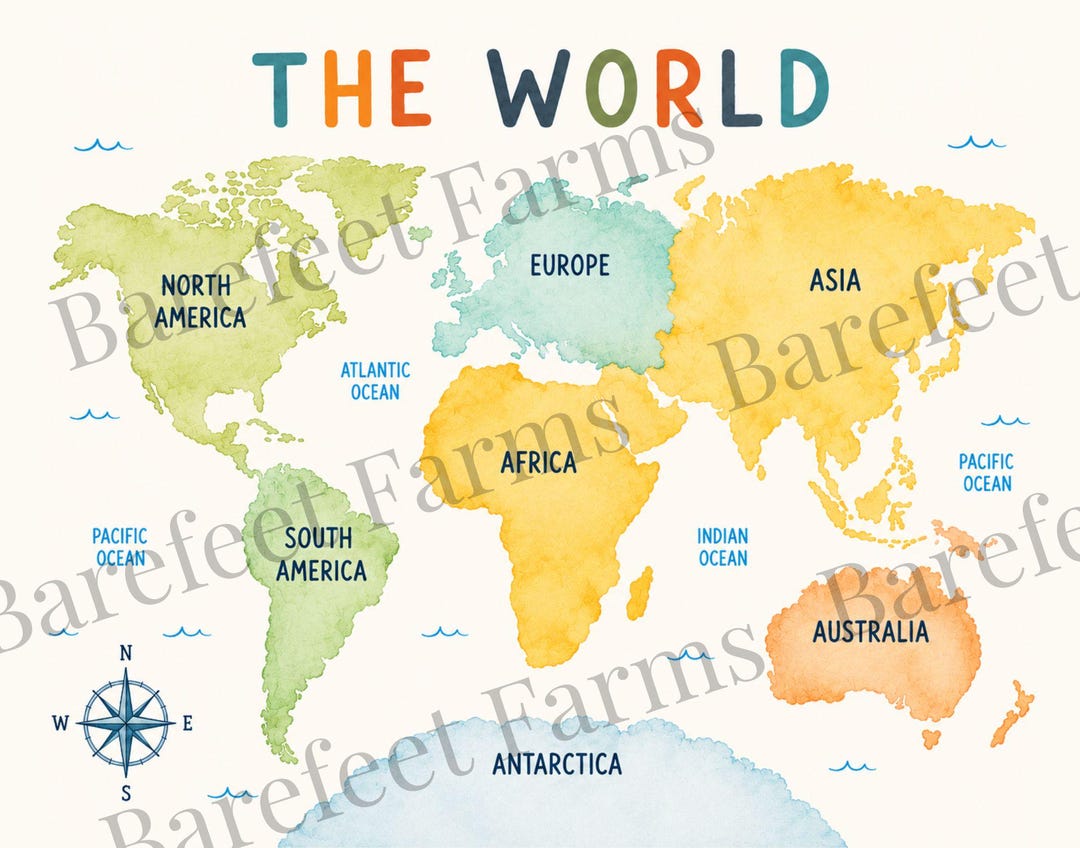 The World Simple Continent Map Printable for Kids |l Watercolor ...