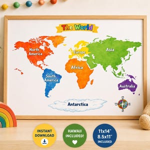 Simple World Map Printable for Kids | Colorful Continents Geography Poster (Instant Digital Download)