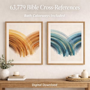 May include: Two framed square prints featuring abstract brushstroke arches in warm orange and cool blue tones. Text at the top reads 63,779 Bible Cross-References, Both Colorways Included, and Digital Download at the bottom.