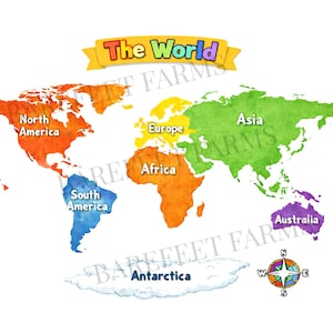 May include: A colorful world map illustration with continents labeled. The map features North America in orange, South America in blue, Europe in yellow, Africa in orange, Asia in green, and Australia in purple. The title "The World" is at the top.