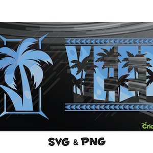 May include: A blue and black graphic design featuring palm trees and the word "VIBES". The word "VIBES" is stylized with palm tree silhouettes. The image also includes the text "SVG & PNG".