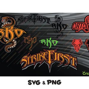 Puede incluir: Una colección de diseños gráficos con elementos de serpientes y texto. Los diseños incluyen las palabras "Strike First", "Catch" y "RKO" en varias fuentes y colores, incluyendo naranja, rojo y verde. La parte inferior de la imagen incluye el texto "SVG & PNG".