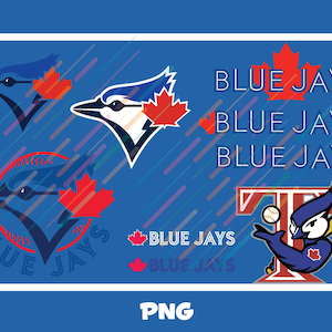 May include: A blue background features multiple logos and text related to the Blue Jays baseball team. The logos include a blue jay bird with a red maple leaf, and the text "BLUE JAYS" in white. The word "PNG" is at the bottom.