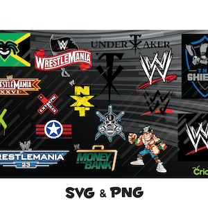 Könnte beinhalten: Eine Sammlung von Wrestling-Logos und -Grafiken, darunter "WrestleMania", "The Shield" und "Money in the Bank". Das Bild zeigt verschiedene Farben und Designs, mit dem Text "SVG & PNG" unten.