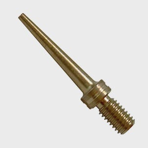 May include: A close-up of a brass-colored metal component. The component has a pointed tip, a cylindrical body, a wider section, and a threaded end. The object is likely a part of a larger mechanical assembly.