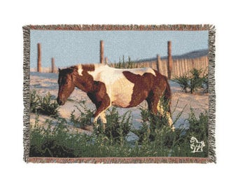 Misty's Majesty - Woven Blanket featuring Assateague Island Wild Pony at Sunset
