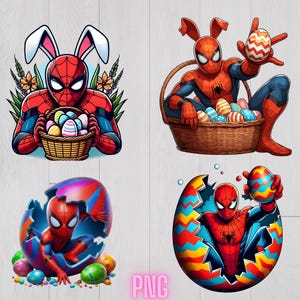 Op de afbeelding: Vier kleurrijke illustraties van Spider-Man die Pasen vieren. Spider-Man draagt ​​konijnenoren en houdt paaseieren en manden vast. De afbeeldingen zijn in cartoonstijl met heldere kleuren en een feestelijk thema.