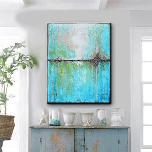 ART PRINTS Large Art Blue Abstract Painting Canvas Giclee Print Minimalist Home Decor Coastal Wall Decor Aqua Palette Knife SIZES Christine image 1