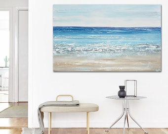Custom Coastal Painting: Textured Beach Ocean Art, Blue White Palette Knife Painting