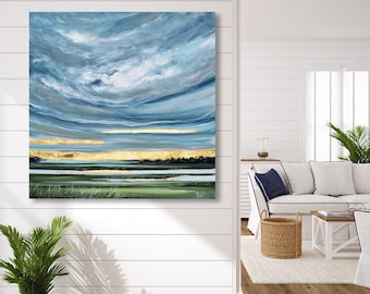 GICLEE PRINT Art Abstract Painting Landscape Gold Leaf Modern Oil Painting Blue Green White Coastal Home Decor Square Canvas Print Wall Art