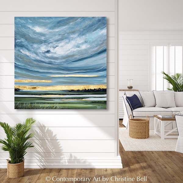 GICLEE PRINT Art Abstract Painting Landscape Gold Leaf Modern Oil Painting Blue Green White Coastal Home Decor Square Canvas Print Wall Art