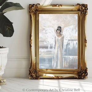 GICLEE PRINT Art Abstract Angel Painting Print Oil Painting Guardian Angel Neutral Home Decor Wall Art Holiday Gift for Her White Grey Cream