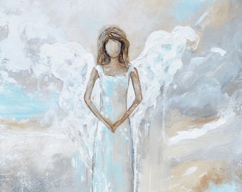 May include: A painting of an angel with white wings and a light blue dress. The angel is standing in front of a light brown and blue background.