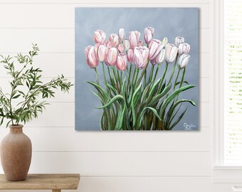 ORIGINAL Art Oil Painting Floral Pink Tulips Modern Botanical Fine Art White Tulip Flowers Garden Artwork Spring Wall Art Home Decor Gift