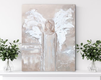 Giclee Print Art Angel Painting Abstract Guardian Angel Canvas Print Holiday Gift Home Decor Christmas Wall Art Grey Cream White Christine