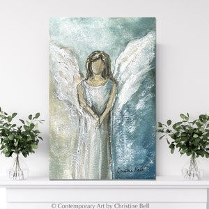 GICLEE PRINT Art Abstract Angel Painting Canvas Print Oil Painting Guardian Angel Blue Green Holiday Home Decor Wall Art Spiritual Gift image 1