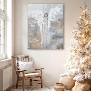 COURAGE in HER HEART - Angel Painting Art Print Canvas Print Oil Painting Guardian Angels Home Decor Wall Art Holiday Gift for Her White