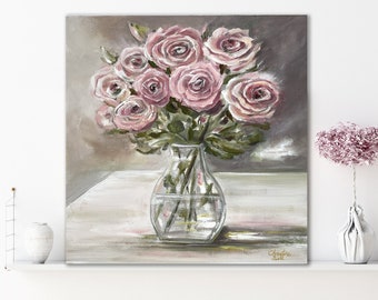 ORIGINAL Art Oil Painting Floral Pink Roses Bouquet Modern Botanical Fine Art Rose Flowers Botanical Artwork Spring Wall Art Home Decor Gift