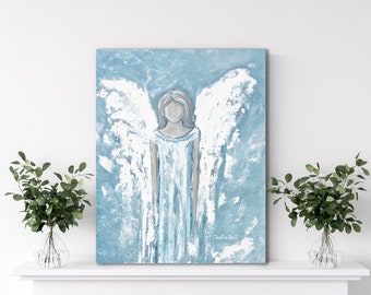 ORIGINAL Art Abstract Angel Painting Acrylic Painting Guardian Angels Holiday Gift Home Decor Wall Art Blue White Custom Made Christine Bell