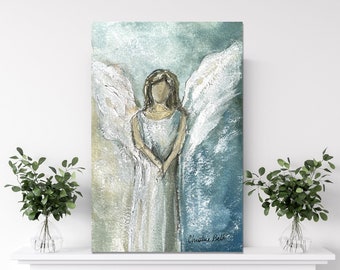 May include: A watercolor painting of an angel with white wings and a blue dress. The background is a light blue and green color. The painting is signed "Christine Bell" in the bottom right corner.