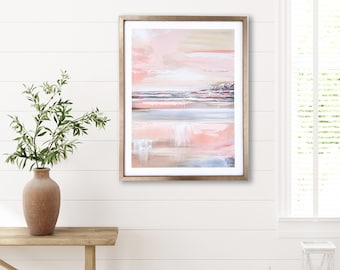 GICLEE PRINT Framed Art Abstract Painting Modern Brushed Gold Frame Pink White Expressionist Landscape Home Decor Wall Art Seascape Coastal