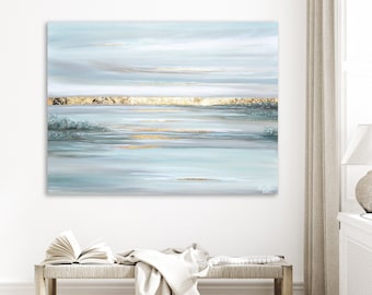 GICLEE PRINT Art Abstract Painting Seascape Gold Leaf Modern Oil Painting Light Blue Sea foam White Coastal Home Decor Canvas Print Wall Art