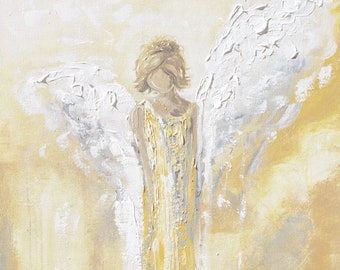 May include: Abstract painting of an angel with white wings and a yellow dress. The background is a light yellow and beige.