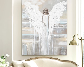 ANGEL OF LOVE Angel Painting Oil Painting Art Print Paper Canvas Home Decor Un-framed Framed Wall Art Holiday Gift for Her White Grey Cream