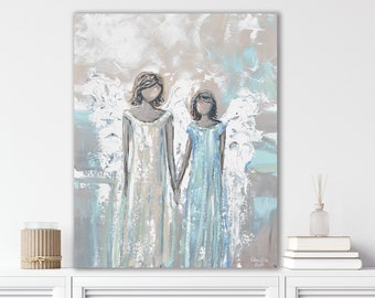 GICLEE PRINT Art Abstract Angel Painting 2 Angels, Sisters Canvas Print Oil Painting Home Decor Wall Art Sympathy Gift White Grey Blue Cream