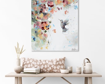 ハチドリの花のアートプリント：春の庭の鳥の絵画