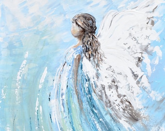 May include: Abstract painting of an angel with white wings and a blue dress. The angel is painted in a flowing style with a light blue background.