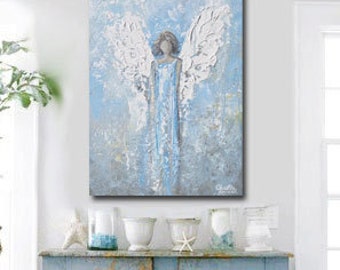 GICLEE PRINT Art Abstract Angel Oil Painting Acrylic Painting Home Decor Wall Decor Home Gift Canvas Angel Wings White Blue - Christine