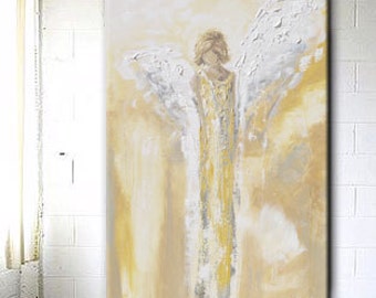 GICLEE PRINT Art Abstract Angel Painting Oil Painting Home Decor Christmas Gift Wall Decor Angel Wings Gold Grey Spiritual Art- Christine