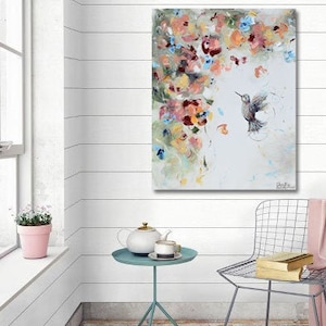 GICLEE PRINT Art Hummingbird Painting Spring Flowers Floral Acrylic Painting Garden Bird Canvas Wall Art Home Decor Gift Christine Bell image 1