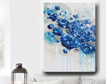 ART PRINTS Large Art Blue Abstract Painting Colorful Modern Blue White Flowers Canvas Giclee Print Home Decor Wall Art Navy Blue- Christine