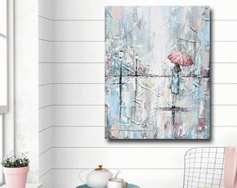 GICLEE PRINT Art Abstract Painting Girl With Umbrella Pink Blue Oil Painting Acrylic Painting Wall Art Home Decor City Walk Rain - Christine