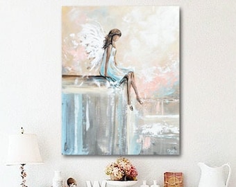 GICLEE PRINT Art Abstract Angel Painting PAPER Print Oil Painting Home Decor Girl's Wall Art Gift Angel Sitting White Blue Cream -Christine