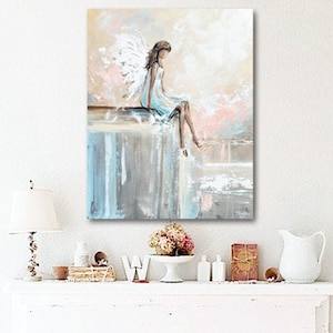 GICLEE PRINT Art Abstract Angel Painting Canvas Print Oil Painting Home Decor Girl's Wall Art Gift Angel Sitting White Blue Cream -Christine