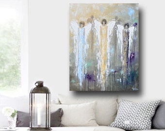 GICLEE PRINT Art Abstract Angel Painting 3 Angels Modern Wall Decor Holiday Home Decor Canvas Print Blue Gold Spiritual Art - Christine Bell