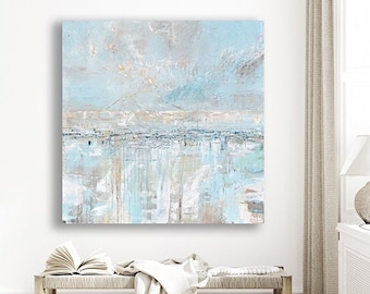 GICLEE PRINT Art Abstract Painting Coastal Artwork Modern Oil Painting Light Blue White Minimalist Home Decor Square Canvas Print Wall Art