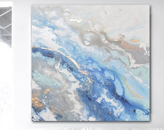 GICLEE PRINT Large Art Abstract Painting Blue White Grey Acrylic Painting Wall Art Home Decor Coastal Wall Decor Marbled Gold Leaf Christine