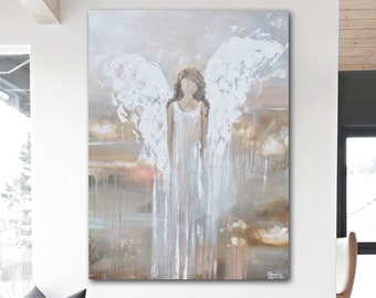 Giclee Print Abstract Angel Painting Art Canvas Print Painting Home Decor Wall Decor Housewarming Gift White Grey Beige Gold - Christine