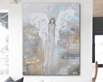 GICLEE PRINT Art Abstract Angel Painting Canvas Print Oil Painting Home Decor Wall Decor Housewarming Gift White Grey Blue Beige - Christine