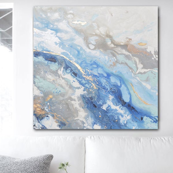 GICLEE PRINT Large Art Abstract Painting Blue White Grey Acrylic Painting Wall Art Home Decor Coastal Wall Decor Marbled Gold Leaf Christine