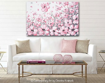 GICLEE PRINTS Large Art Blush Pink Flowers Abstract Painting Home Decor Wall Decor Modern Coastal Canvas Print Grey White XL Sizes Christine