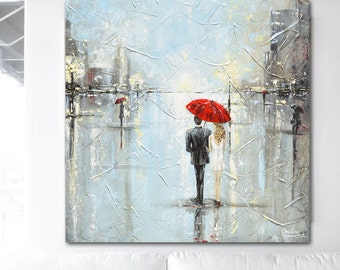 GICLEE PRINT Art Abstract Painting Couple Red Umbrella Girl Modern Art Home Decor Wall Art Rain City Blue Palette Knife- Christine Krainock