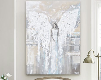 GICLEE PRINT Art Abstract Angel Painting Canvas Print Oil Painting Home Decor Wall Art Housewarming Gift White Grey Blue Cream -Christine